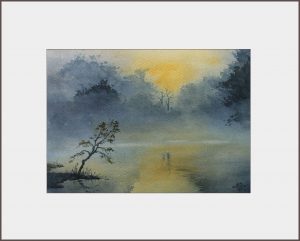 2021 Morgennebel am See (1), Aquarell, 30×40 cm, Nr. 389